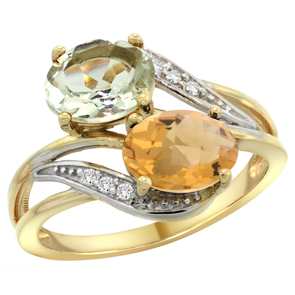14K YELLOW GOLD DIAMOND NATURAL GREEN AMETHYST & WHISKY QUARTZ 2-STONE RING OVAL 8X6MM, SIZES 5 - 10