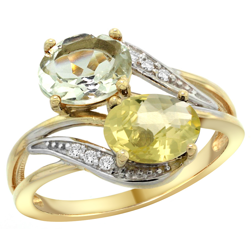 10K Yellow Gold Diamond Natural Green Amethyst & Lemon Quartz 2-stone Ring Oval 8x6mm, sizes 5 - 10