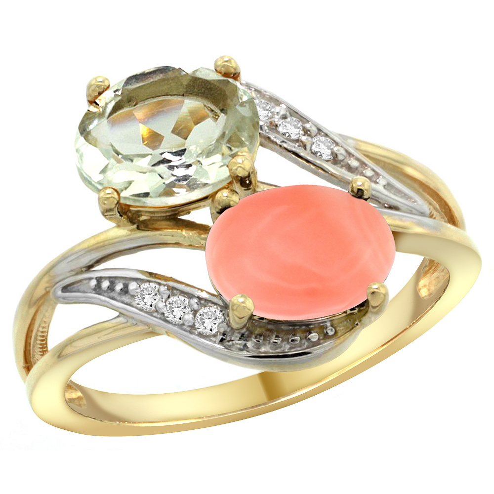 10K Yellow Gold Diamond Natural Green Amethyst & Coral 2-stone Ring Oval 8x6mm, sizes 5 - 10