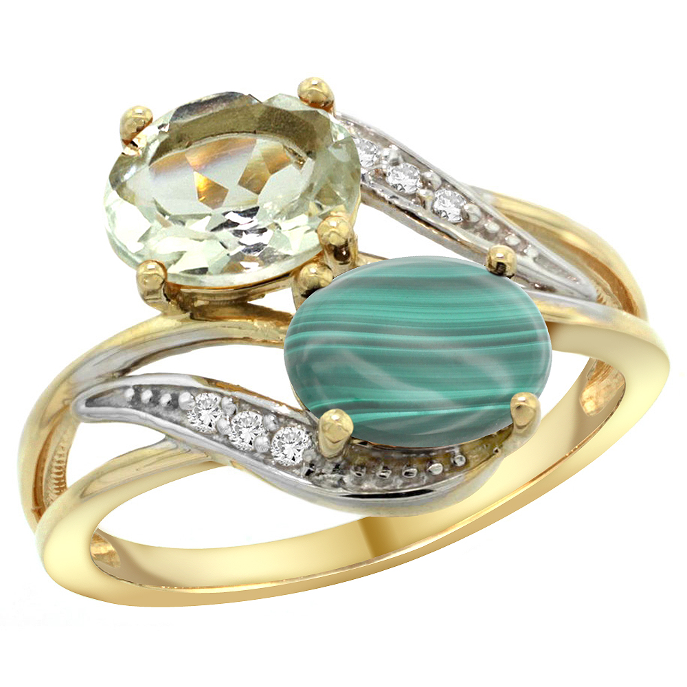 14K YELLOW GOLD DIAMOND NATURAL GREEN AMETHYST & MALACHITE 2-STONE RING OVAL 8X6MM, SIZES 5 - 10