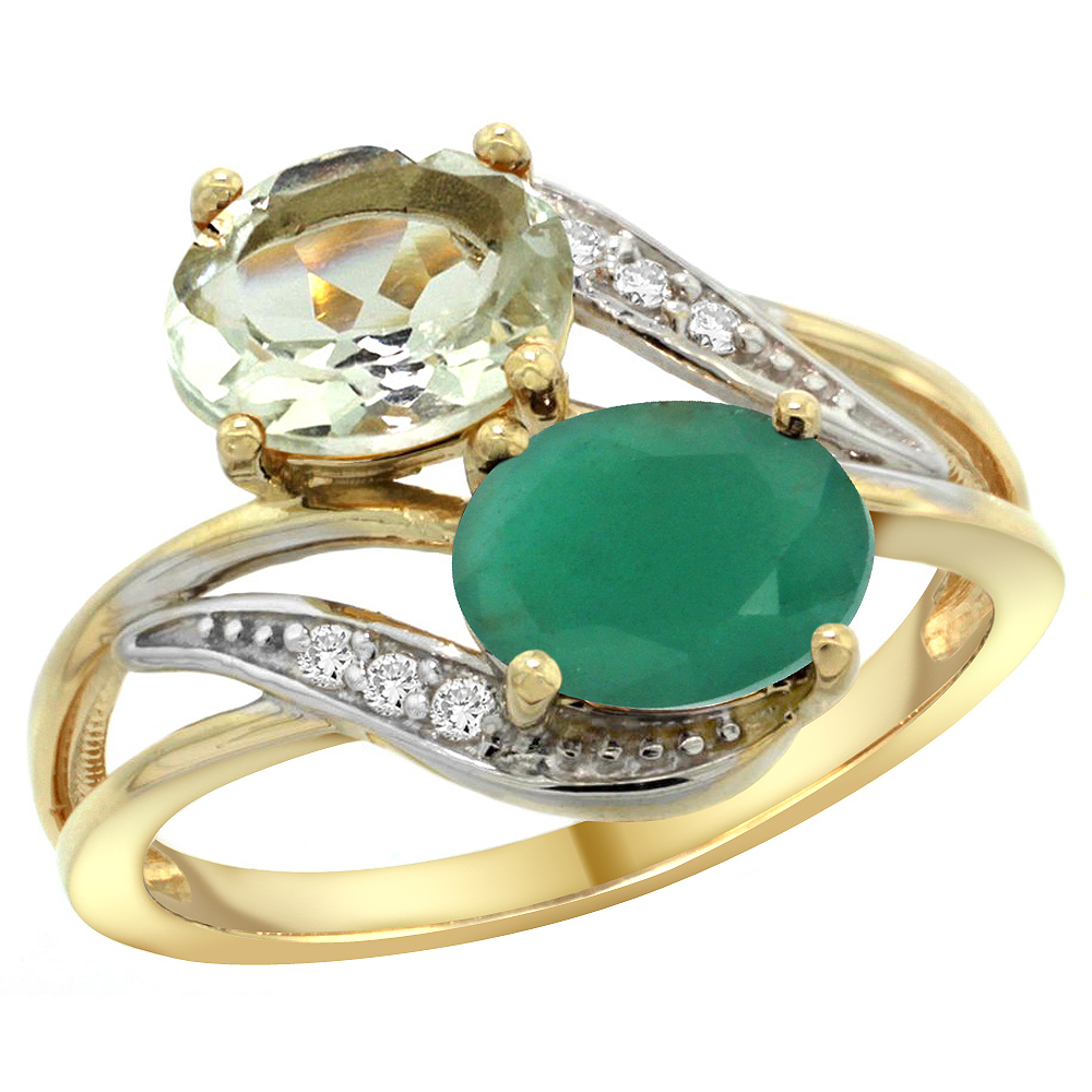 14K YELLOW GOLD DIAMOND NATURAL GREEN AMETHYST & QUALITY EMERALD 2-STONE MOTHERS RING OVAL 8X6MM,SZ5 - 10