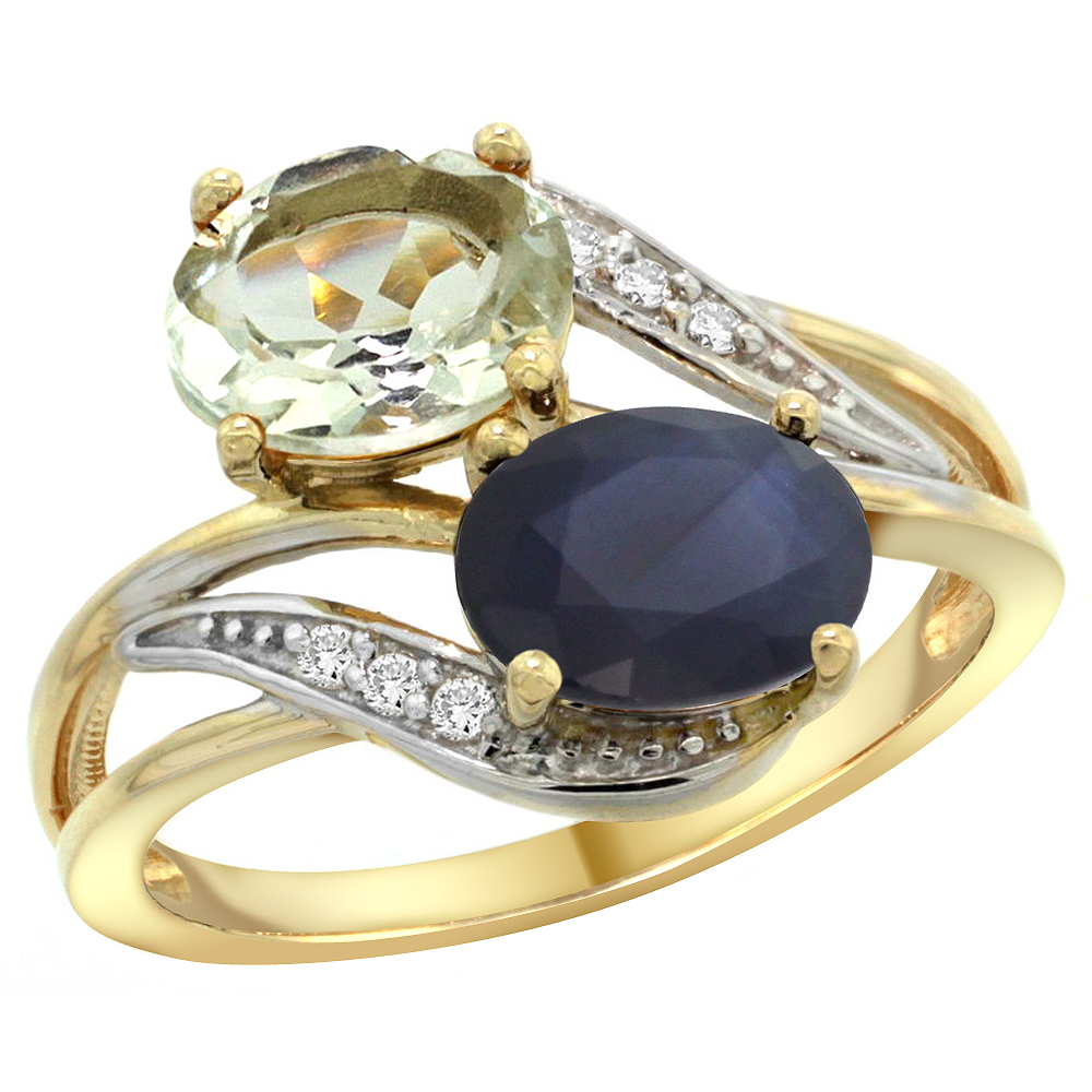 14K YELLOW GOLD DIAMOND NATURAL GREEN AMETHYST & QUALITY BLUE SAPPHIRE 2-STONE RING OVAL 8X6MM, SIZE 5-10
