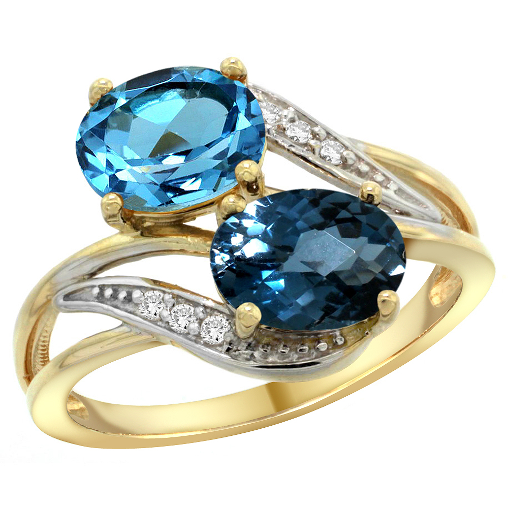14K YELLOW GOLD DIAMOND NATURAL SWISS & LONDON BLUE TOPAZ 2-STONE RING OVAL 8X6MM, SIZES 5 - 10