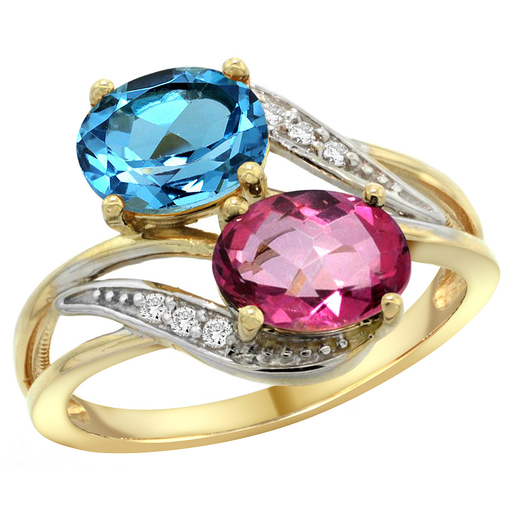 14K YELLOW GOLD DIAMOND NATURAL SWISS BLUE & PINK TOPAZ 2-STONE RING OVAL 8X6MM, SIZES 5 - 10