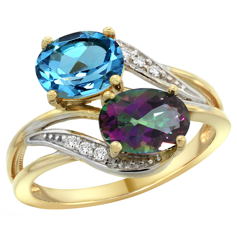 14K Yellow Gold Diamond Natural Swiss Blue &amp; Mystic Topaz 2-stone Ring Oval 8x6mm, sizes 5 - 10