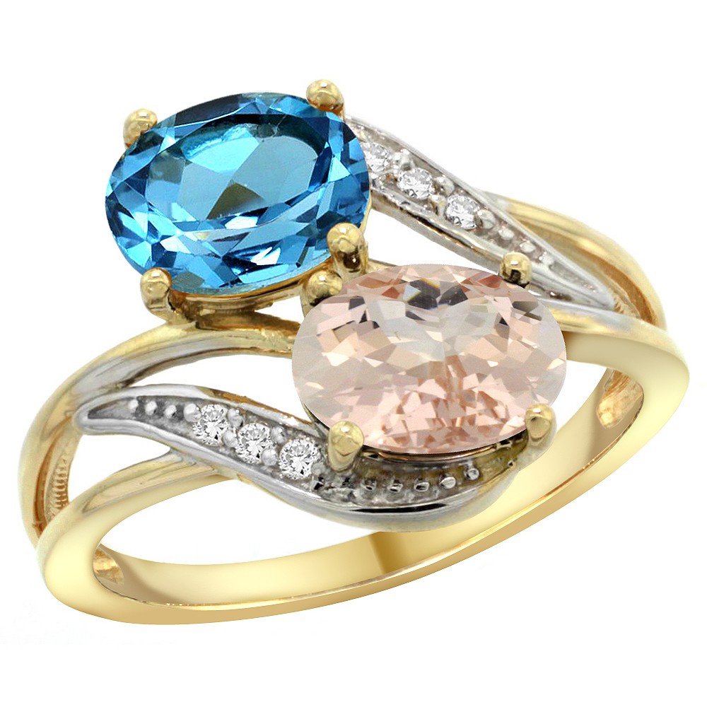 14K YELLOW GOLD DIAMOND NATURAL SWISS BLUE TOPAZ & MORGANITE 2-STONE RING OVAL 8X6MM, SIZES 5 - 10