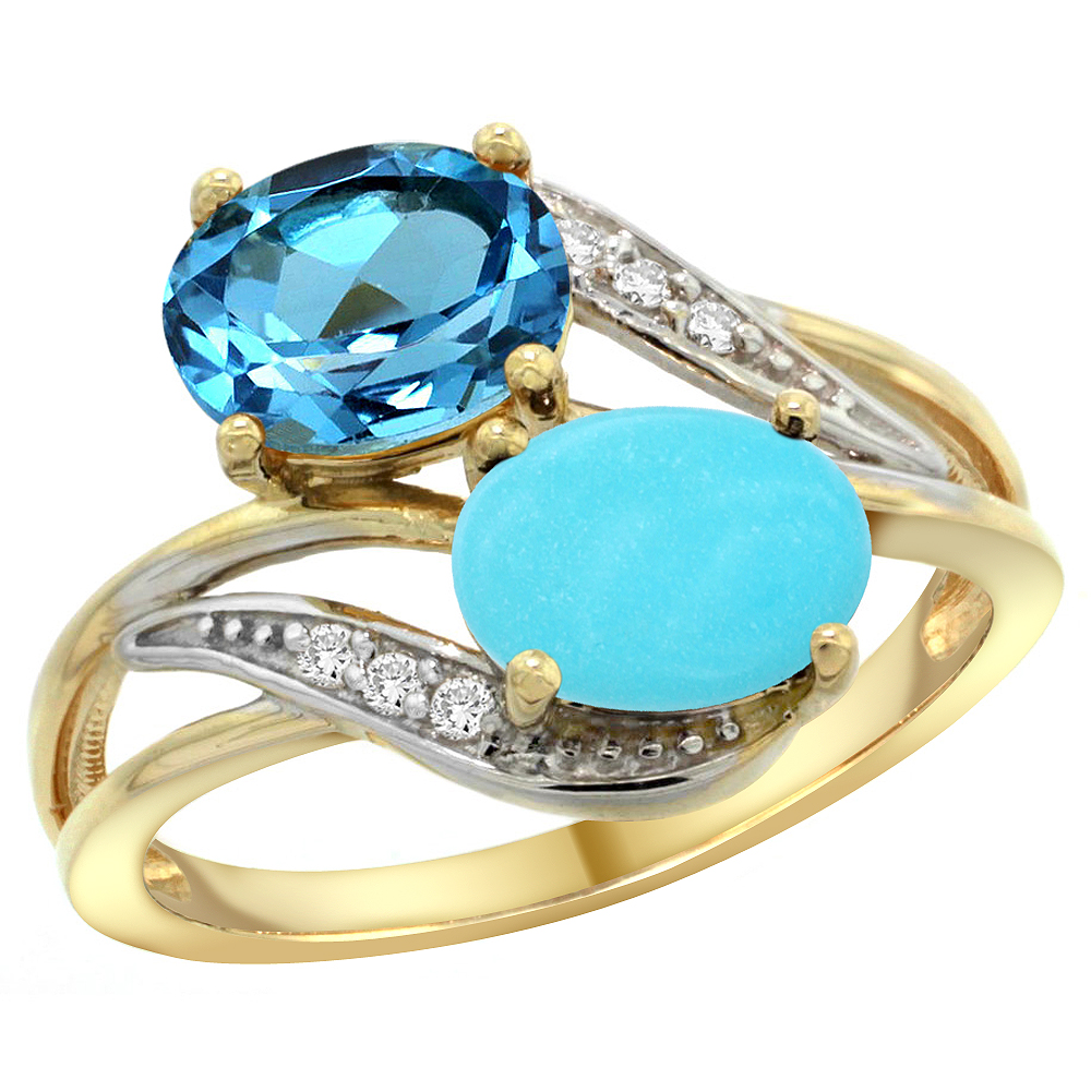 14K YELLOW GOLD DIAMOND NATURAL SWISS BLUE TOPAZ & TURQUOISE 2-STONE RING OVAL 8X6MM, SIZES 5 - 10