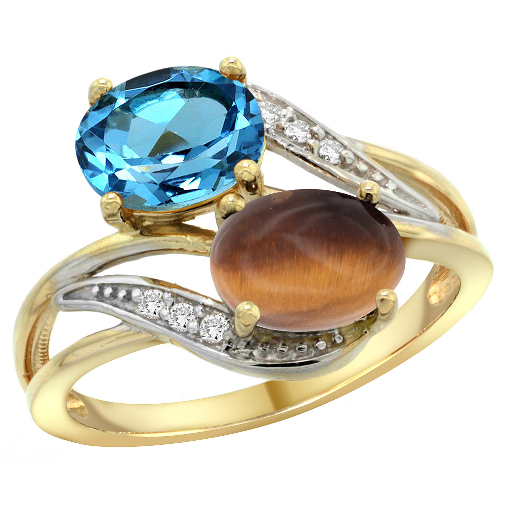 14K YELLOW GOLD DIAMOND NATURAL SWISS BLUE TOPAZ & TIGER EYE 2-STONE RING OVAL 8X6MM, SIZES 5 - 10