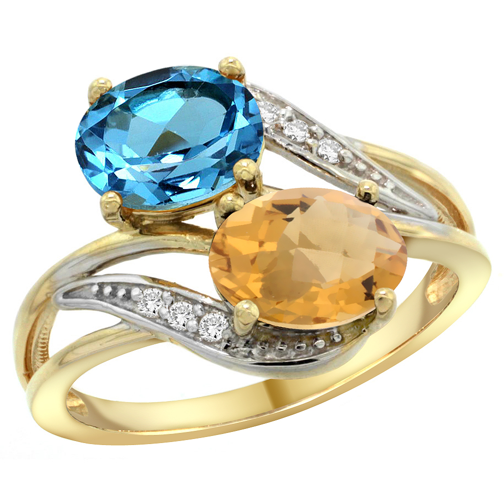 14K YELLOW GOLD DIAMOND NATURAL SWISS BLUE TOPAZ & WHISKY QUARTZ 2-STONE RING OVAL 8X6MM, SIZES 5 - 10
