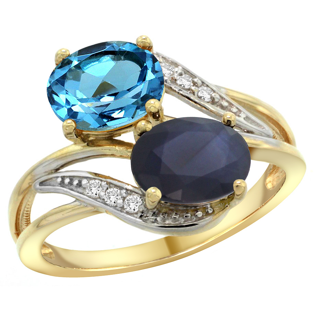 14K YELLOW GOLD DIAMOND NATURAL SWISS BLUE TOPAZ & AUSTRALIAN SAPPHIRE 2-STONE RING OVAL 8X6MM, SIZES 5 - 10