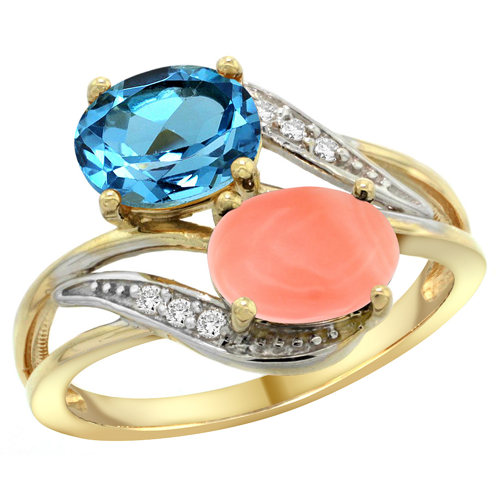 14K YELLOW GOLD DIAMOND NATURAL SWISS BLUE TOPAZ & CORAL 2-STONE RING OVAL 8X6MM, SIZES 5 - 10