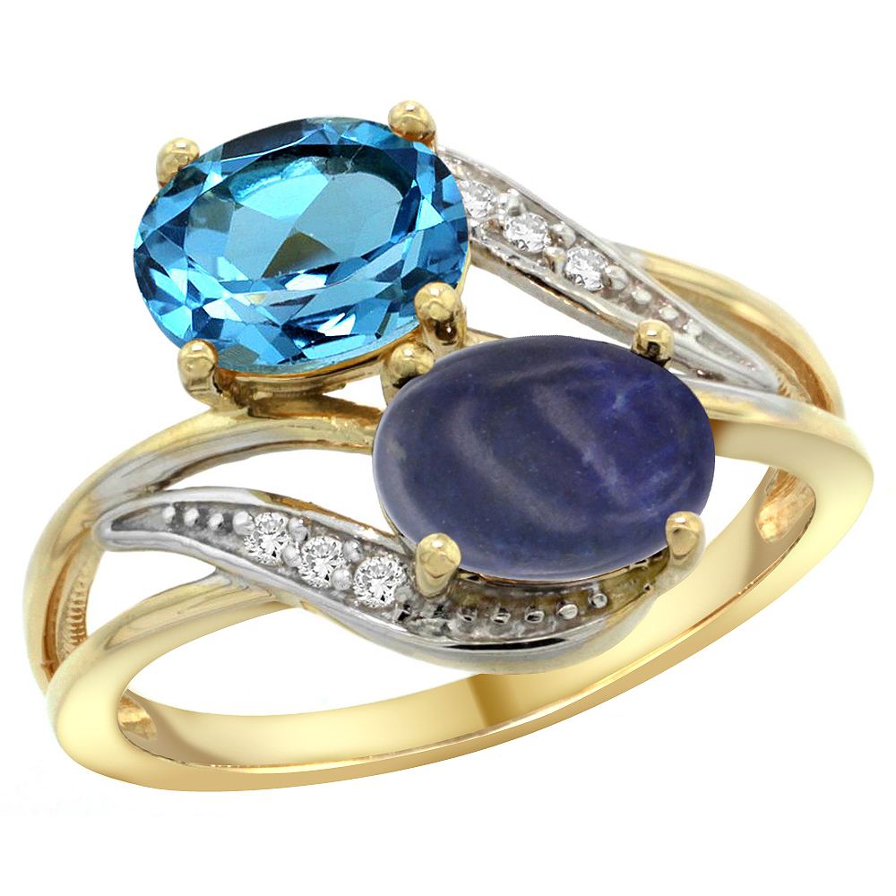 10K Yellow Gold Diamond Natural Swiss Blue Topaz & Lapis 2-stone Ring Oval 8x6mm, sizes 5 - 10