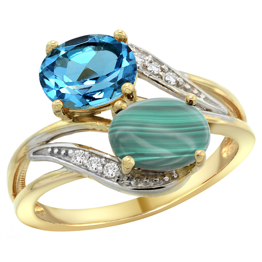 10K Yellow Gold Diamond Natural Swiss Blue Topaz & Malachite 2-stone Ring Oval 8x6mm, sizes 5 - 10