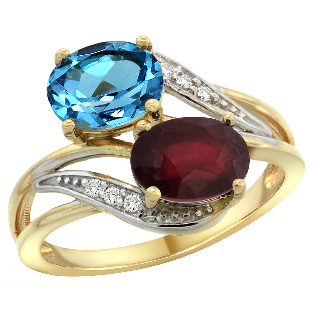 14K YELLOW GOLD DIAMOND NATURAL SWISS BLUE TOPAZ & QUALITY RUBY 2-STONE MOTHERS RING OVAL 8X6MM,SZ5 - 10