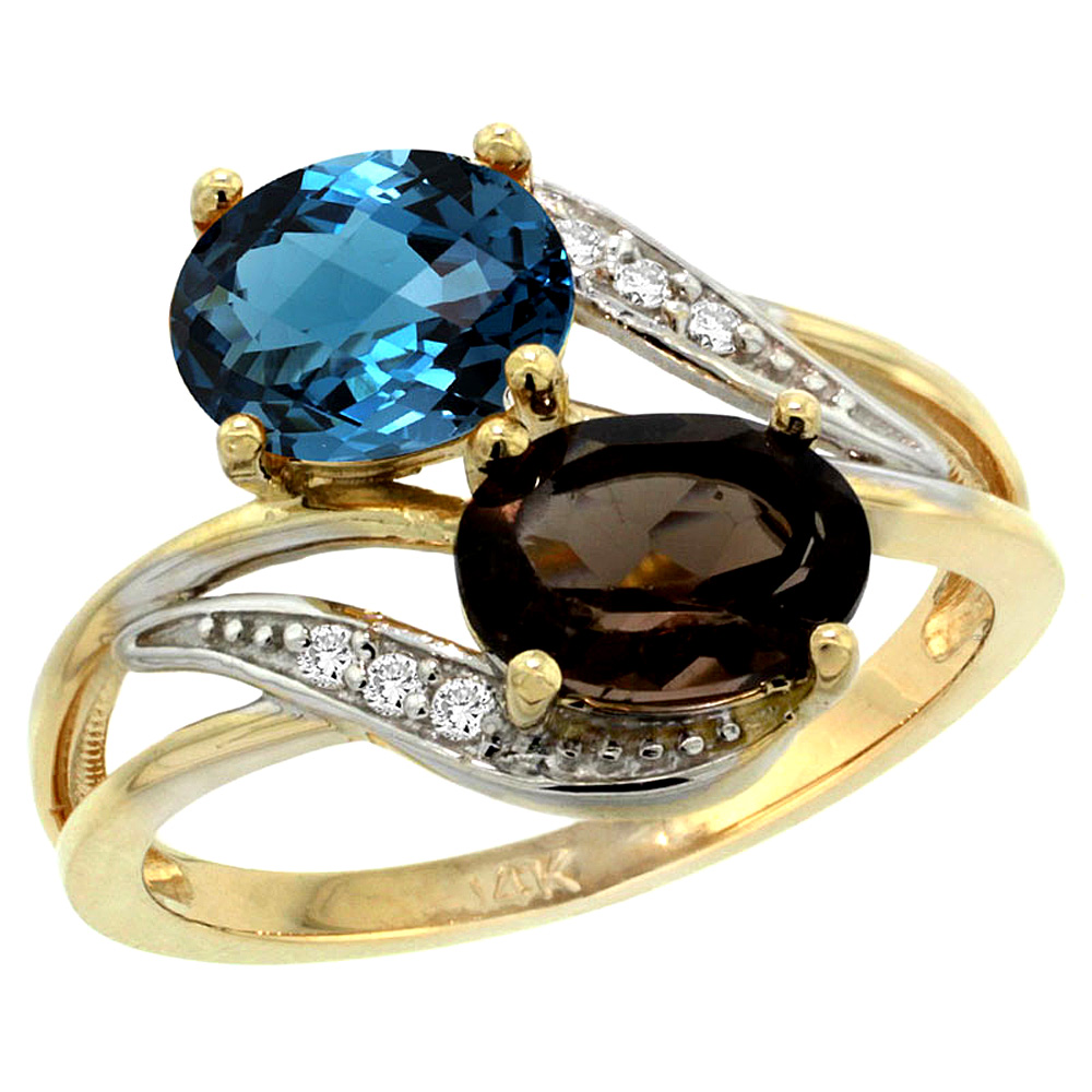 14K YELLOW GOLD DIAMOND NATURAL LONDON BLUE & SMOKY TOPAZ 2-STONE RING OVAL 8X6MM, SIZES 5 - 10