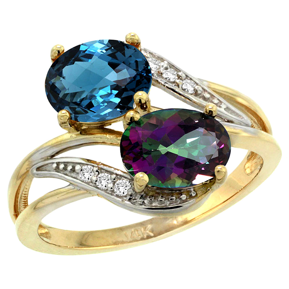14K YELLOW GOLD DIAMOND NATURAL LONDON BLUE & MYSTIC TOPAZ 2-STONE RING OVAL 8X6MM, SIZES 5 - 10