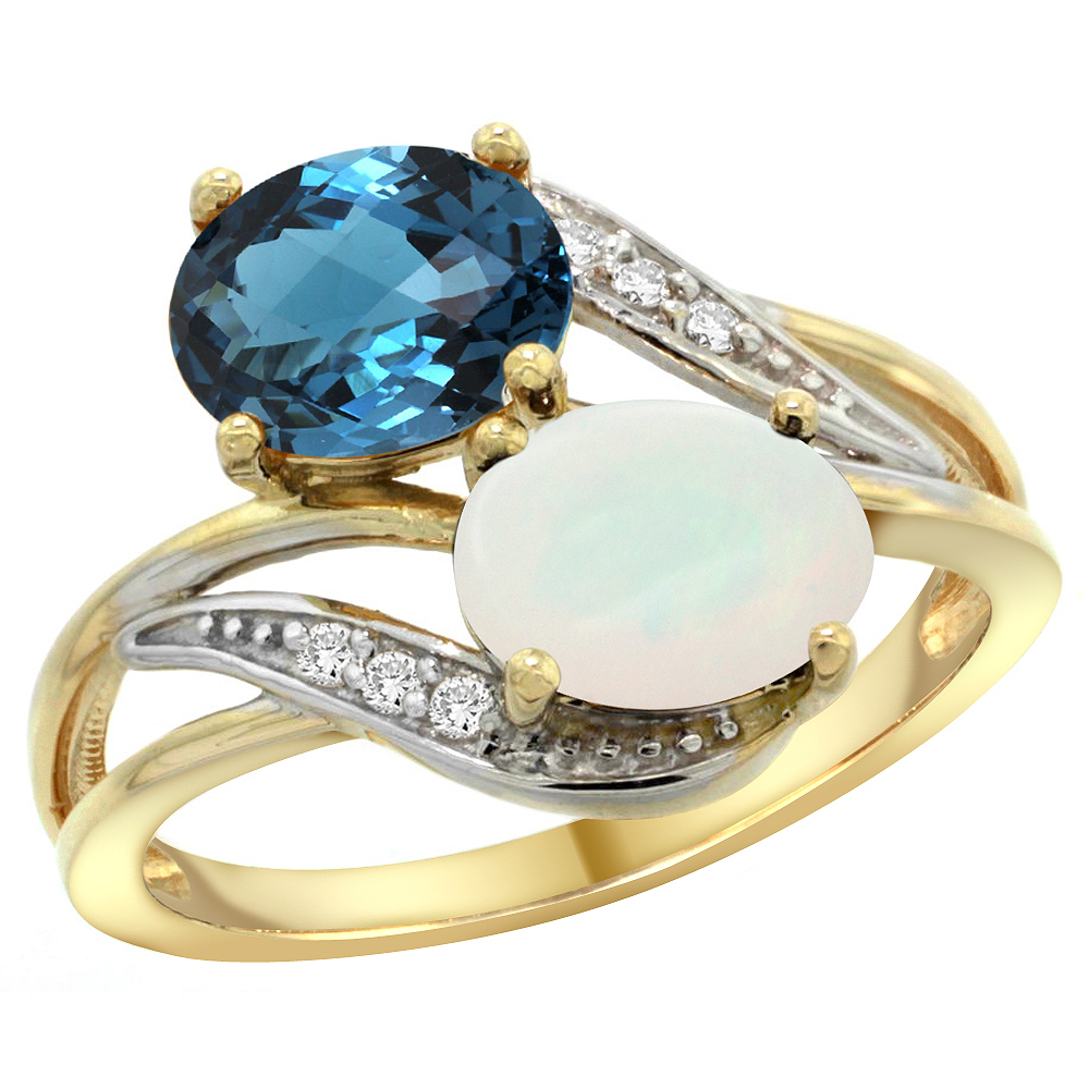 14K YELLOW GOLD DIAMOND NATURAL LONDON BLUE TOPAZ & OPAL 2-STONE RING OVAL 8X6MM, SIZES 5 - 10