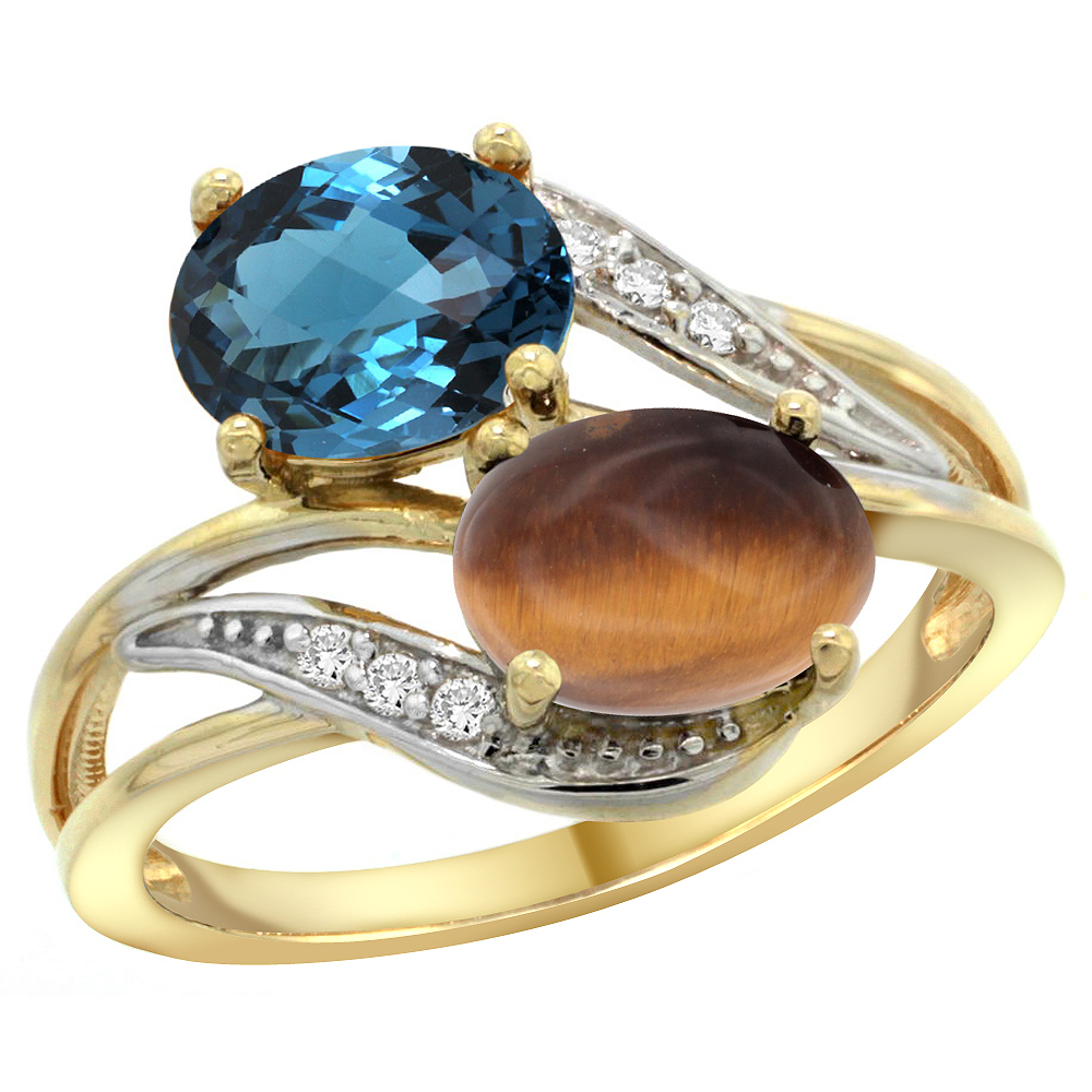 14K YELLOW GOLD DIAMOND NATURAL LONDON BLUE TOPAZ & TIGER EYE 2-STONE RING OVAL 8X6MM, SIZES 5 - 10