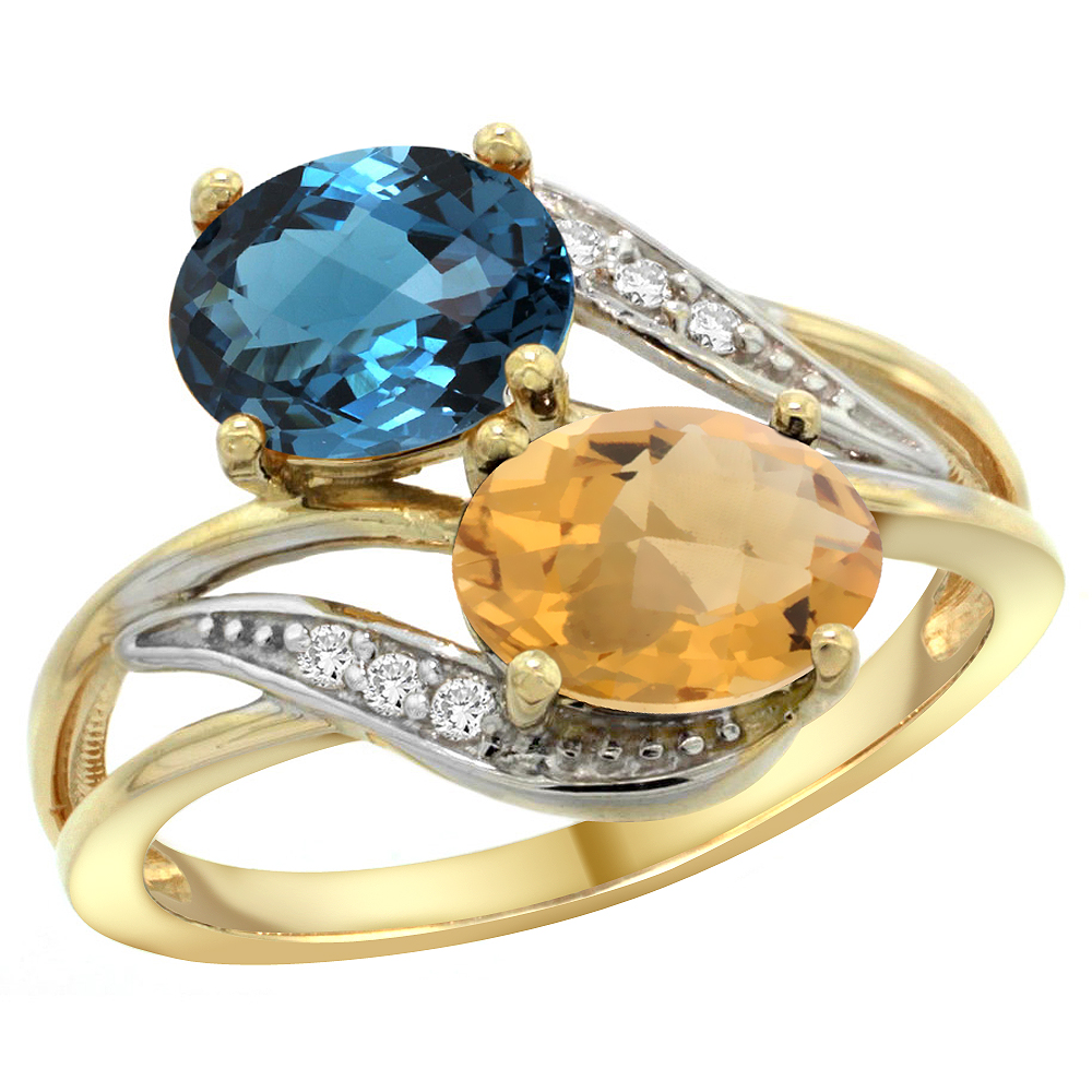 14K YELLOW GOLD DIAMOND NATURAL LONDON BLUE TOPAZ & WHISKY QUARTZ 2-STONE RING OVAL 8X6MM, SIZES 5 - 10