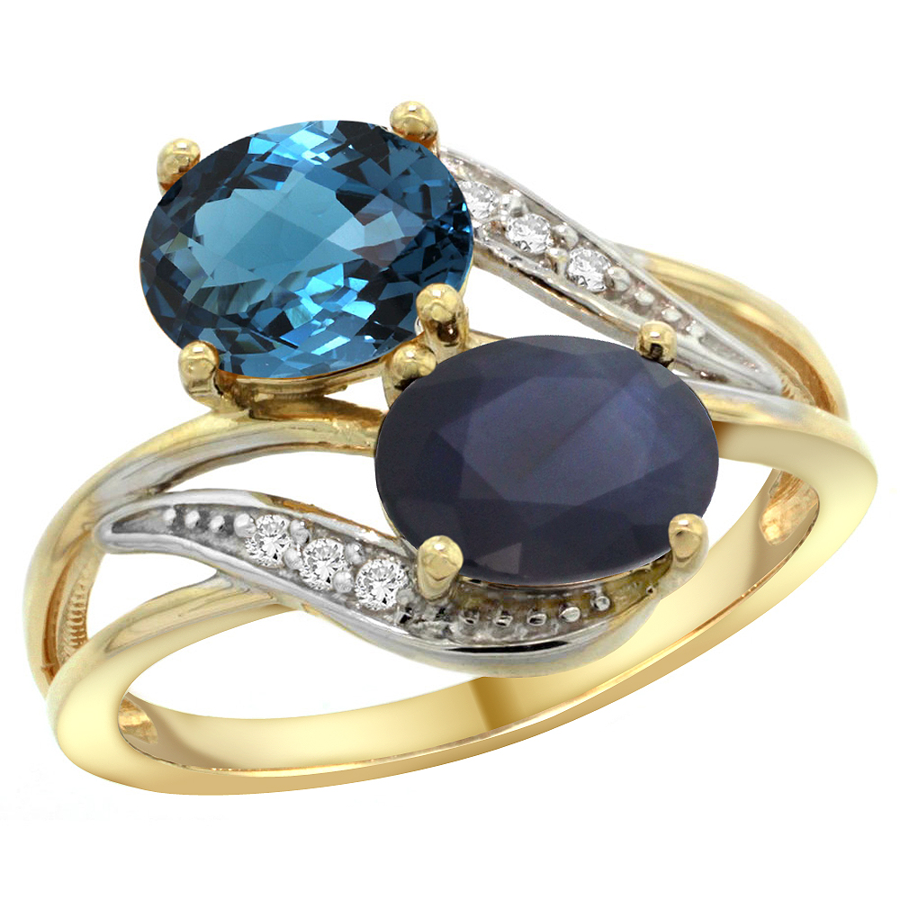 14K YELLOW GOLD DIAMOND NATURAL LONDON BLUE TOPAZ & AUSTRALIAN SAPPHIRE 2-STONE RING OVAL 8X6MM, SIZES 5 - 10