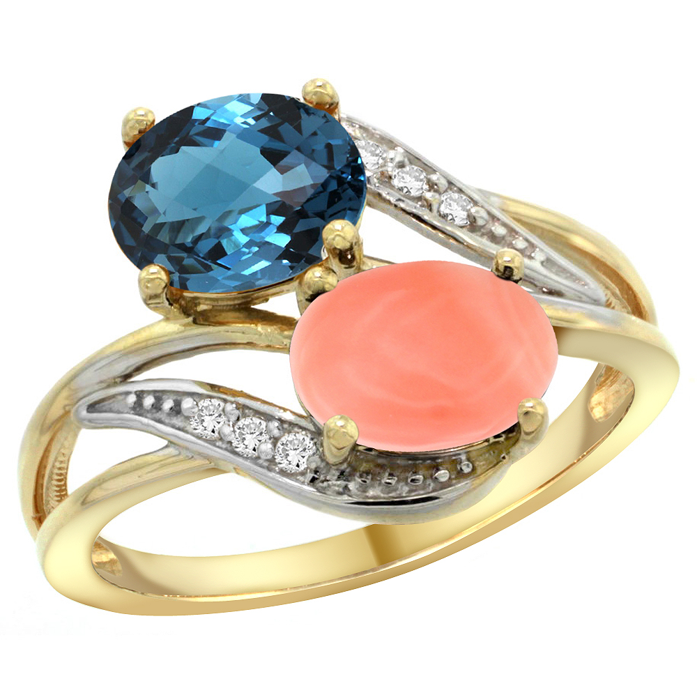 14K YELLOW GOLD DIAMOND NATURAL LONDON BLUE TOPAZ & CORAL 2-STONE RING OVAL 8X6MM, SIZES 5 - 10