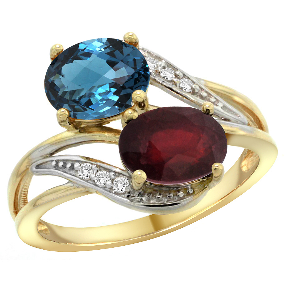 14K YELLOW GOLD DIAMOND NATURAL LONDON BLUE TOPAZ & QUALITY RUBY 2-STONE MOTHERS RING OVAL 8X6MM,SIZE5-10