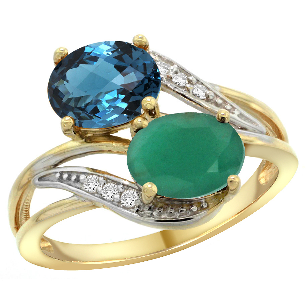 14K YELLOW GOLD DIAMOND NATURAL LONDON BLUE TOPAZ & QUALITY EMERALD 2-STONE RING OVAL 8X6MM, SIZE 5 - 10