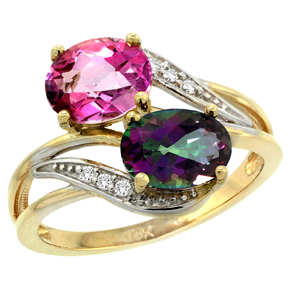 14K YELLOW GOLD DIAMOND NATURAL PINK & MYSTIC TOPAZ 2-STONE RING OVAL 8X6MM, SIZES 5 - 10