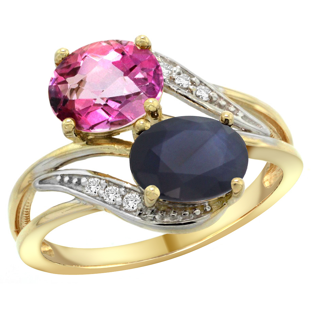 14K YELLOW GOLD DIAMOND NATURAL PINK TOPAZ & BLUE SAPPHIRE 2-STONE RING OVAL 8X6MM, SIZES 5 - 10