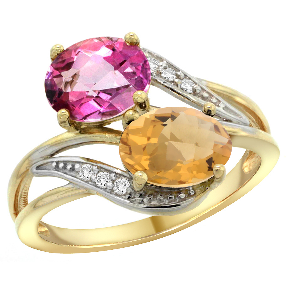 14K YELLOW GOLD DIAMOND NATURAL PINK TOPAZ & WHISKY QUARTZ 2-STONE RING OVAL 8X6MM, SIZES 5 - 10