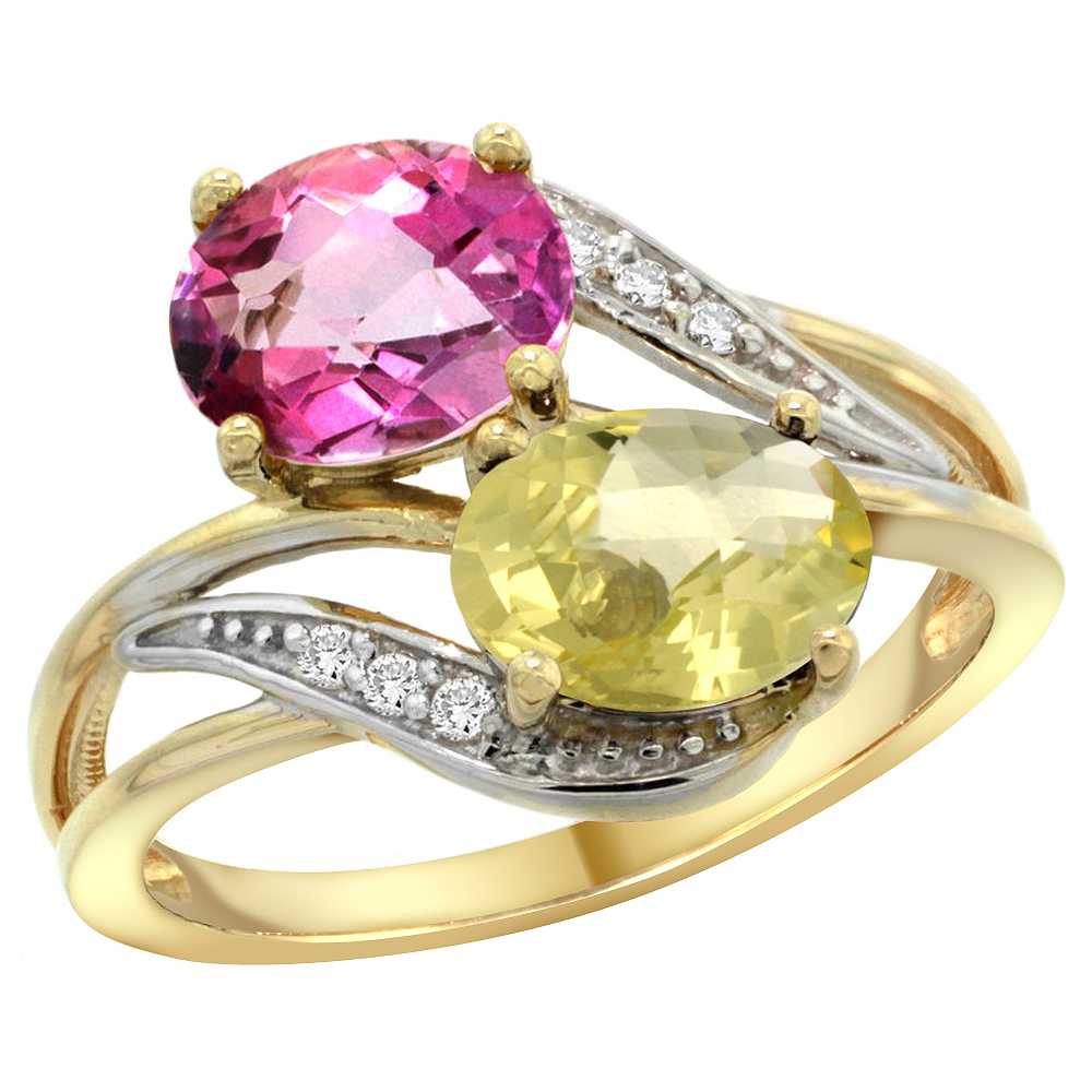 14K YELLOW GOLD DIAMOND NATURAL PINK TOPAZ & LEMON QUARTZ 2-STONE RING OVAL 8X6MM, SIZES 5 - 10