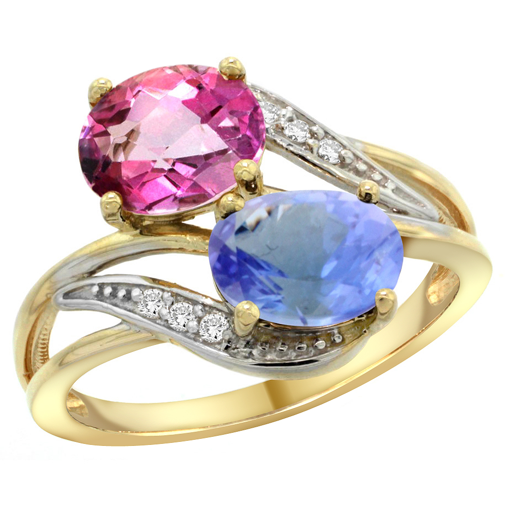 14K YELLOW GOLD DIAMOND NATURAL PINK TOPAZ & TANZANITE 2-STONE RING OVAL 8X6MM, SIZES 5 - 10