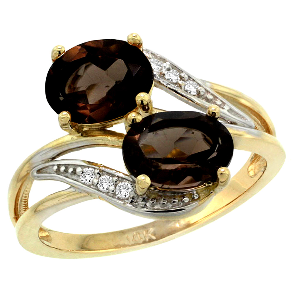 14K YELLOW GOLD DIAMOND NATURAL SMOKY TOPAZ 2-STONE RING OVAL 8X6MM, SIZES 5 - 10