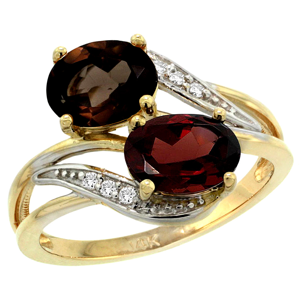 14K YELLOW GOLD DIAMOND NATURAL SMOKY TOPAZ & GARNET 2-STONE RING OVAL 8X6MM, SIZES 5 - 10