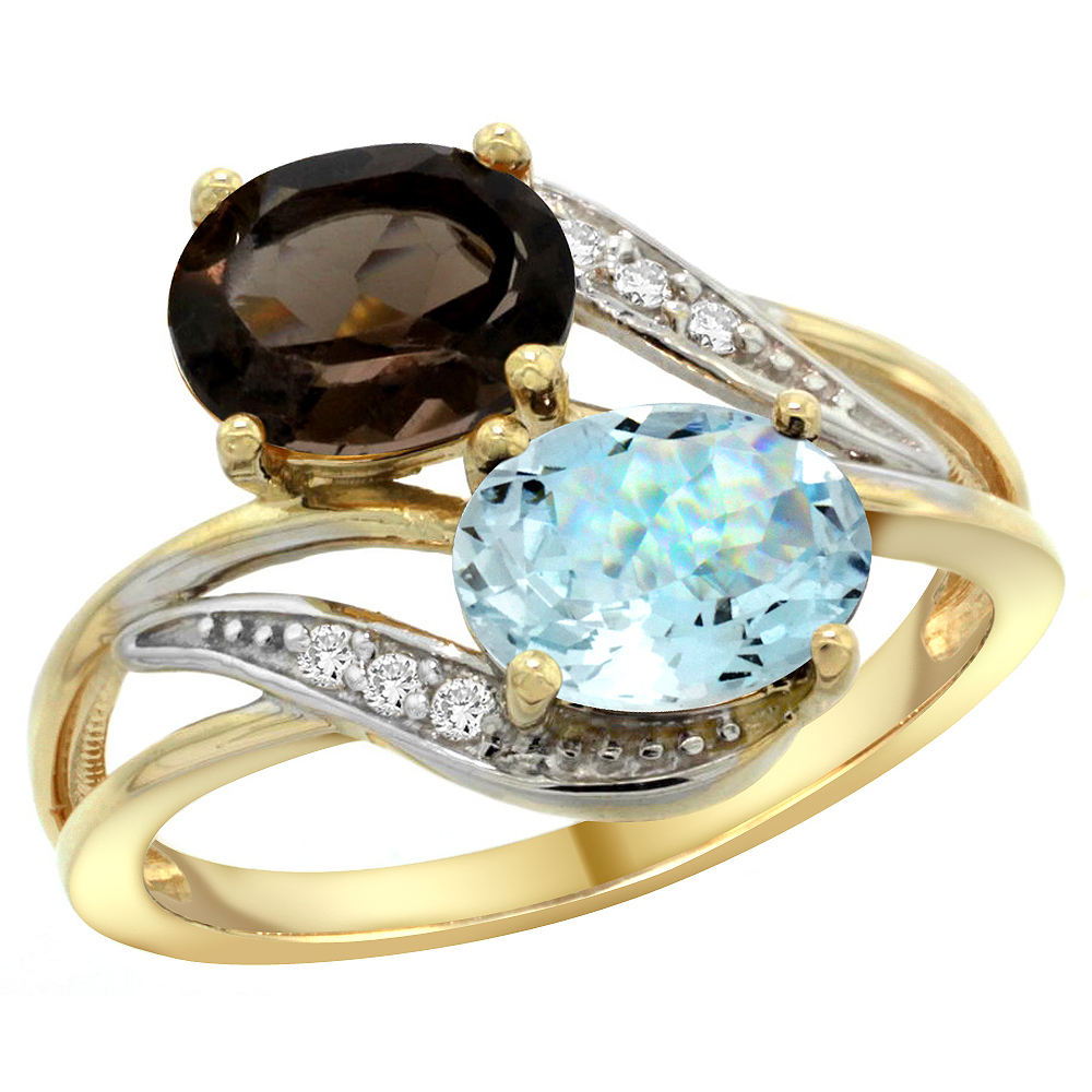14K YELLOW GOLD DIAMOND NATURAL SMOKY TOPAZ & AQUAMARINE 2-STONE RING OVAL 8X6MM, SIZES 5 - 10