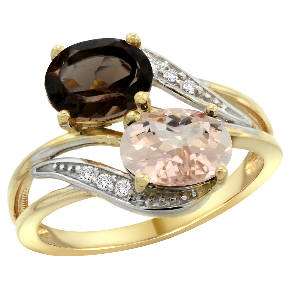 14K YELLOW GOLD DIAMOND NATURAL SMOKY TOPAZ & MORGANITE 2-STONE RING OVAL 8X6MM, SIZES 5 - 10
