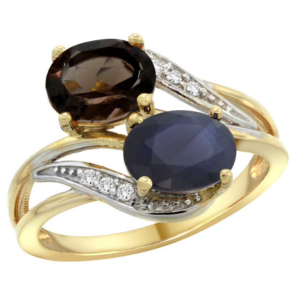 14K YELLOW GOLD DIAMOND NATURAL SMOKY TOPAZ & BLUE SAPPHIRE 2-STONE RING OVAL 8X6MM, SIZES 5 - 10