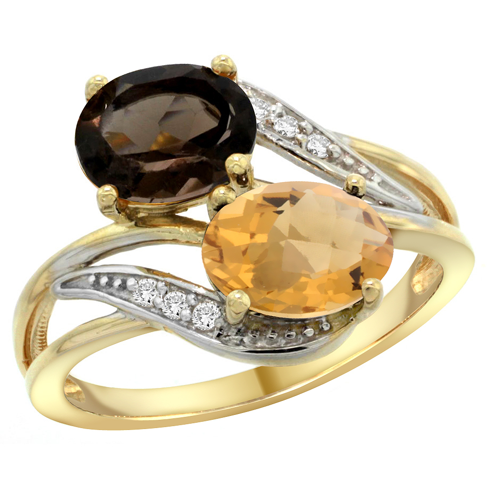 14K YELLOW GOLD DIAMOND NATURAL SMOKY TOPAZ & WHISKY QUARTZ 2-STONE RING OVAL 8X6MM, SIZES 5 - 10