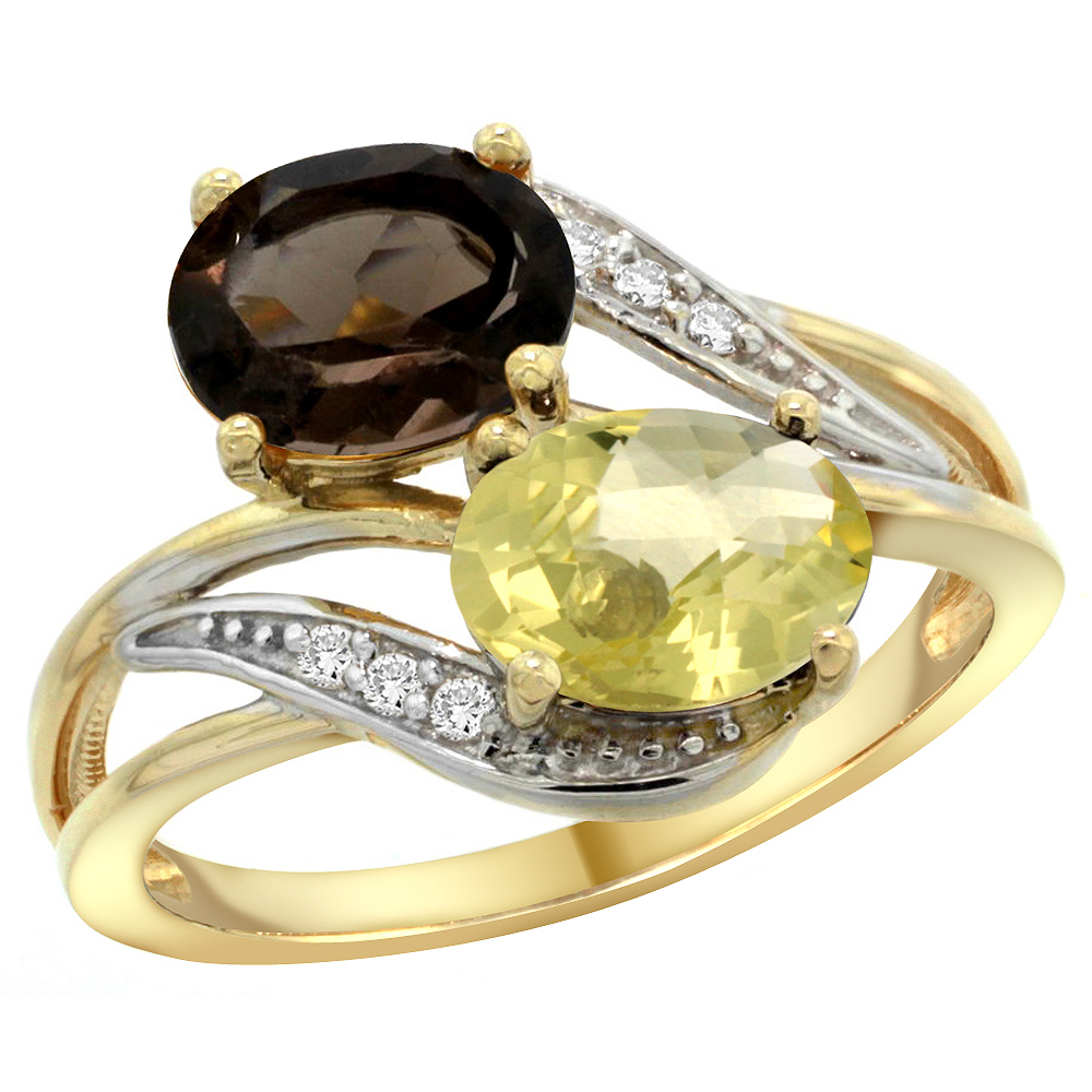 14K YELLOW GOLD DIAMOND NATURAL SMOKY TOPAZ & LEMON QUARTZ 2-STONE RING OVAL 8X6MM, SIZES 5 - 10