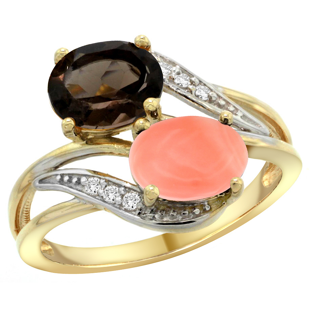 10K Yellow Gold Diamond Natural Smoky Topaz & Coral 2-stone Ring Oval 8x6mm, sizes 5 - 10