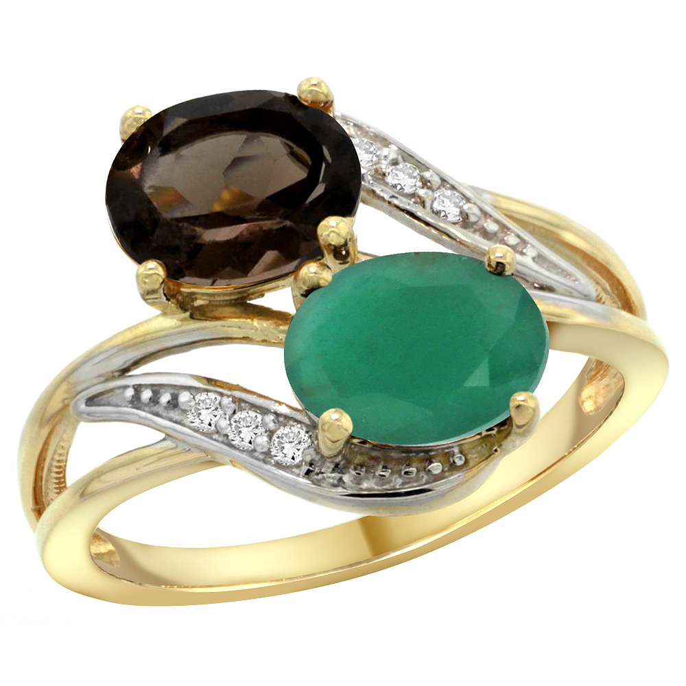 14K YELLOW GOLD DIAMOND NATURAL SMOKY TOPAZ & QUALITY EMERALD 2-STONE MOTHERS RING OVAL 8X6MM, SIZE5 - 10