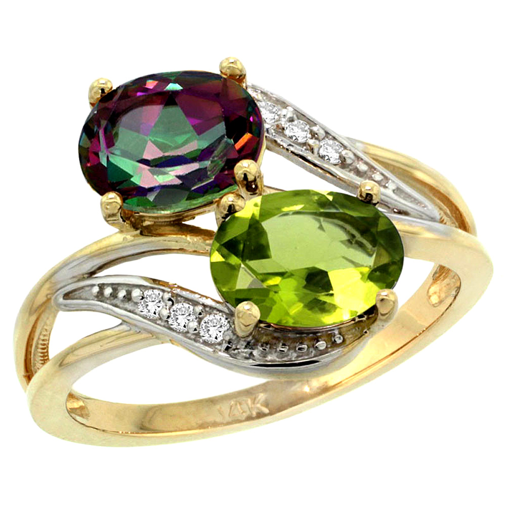 14K YELLOW GOLD DIAMOND NATURAL MYSTIC TOPAZ & PERIDOT 2-STONE RING OVAL 8X6MM, SIZES 5 - 10