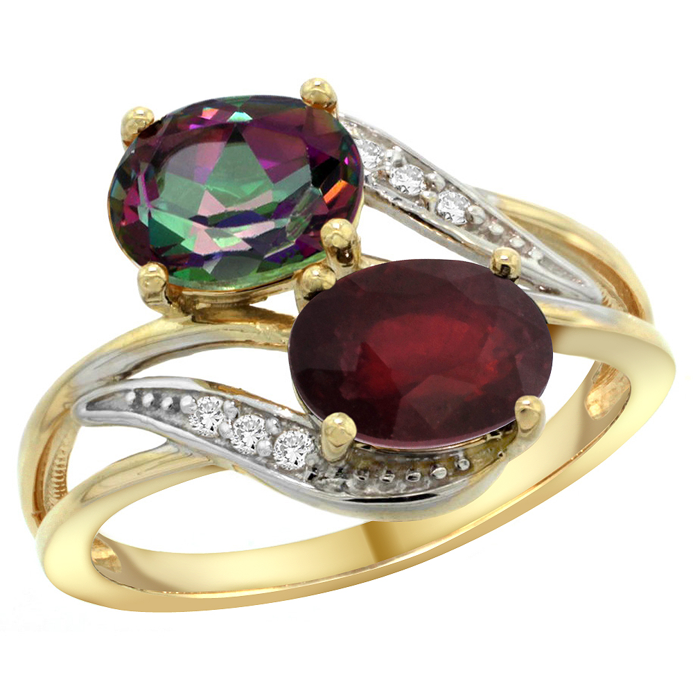 14K YELLOW GOLD DIAMOND NATURAL MYSTIC TOPAZ & ENHANCED RUBY 2-STONE RING OVAL 8X6MM, SIZES 5 - 10