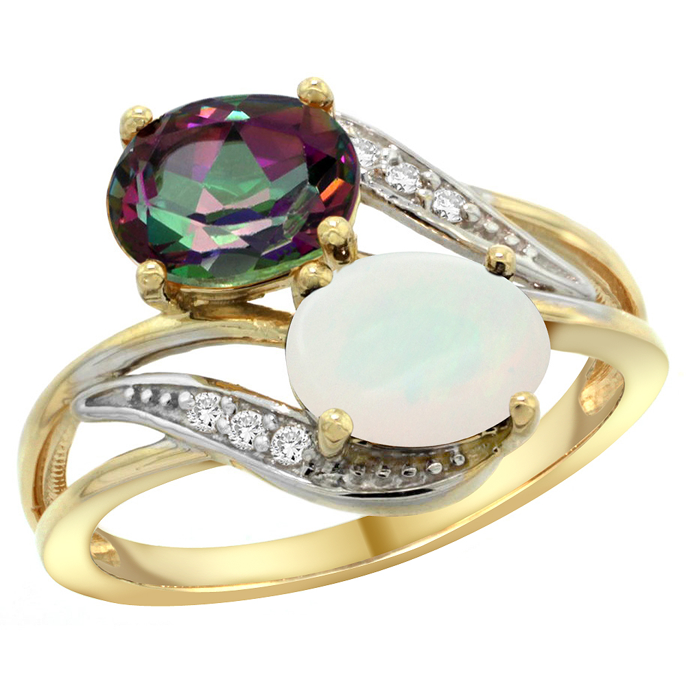 14K YELLOW GOLD DIAMOND NATURAL MYSTIC TOPAZ & OPAL 2-STONE RING OVAL 8X6MM, SIZES 5 - 10