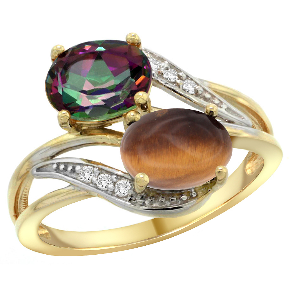 14K YELLOW GOLD DIAMOND NATURAL MYSTIC TOPAZ & TIGER EYE 2-STONE RING OVAL 8X6MM, SIZES 5 - 10