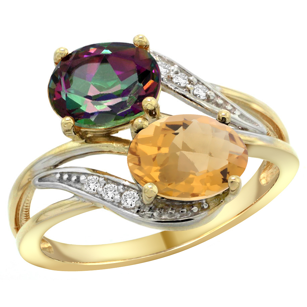 14K YELLOW GOLD DIAMOND NATURAL MYSTIC TOPAZ & WHISKY QUARTZ 2-STONE RING OVAL 8X6MM, SIZES 5 - 10