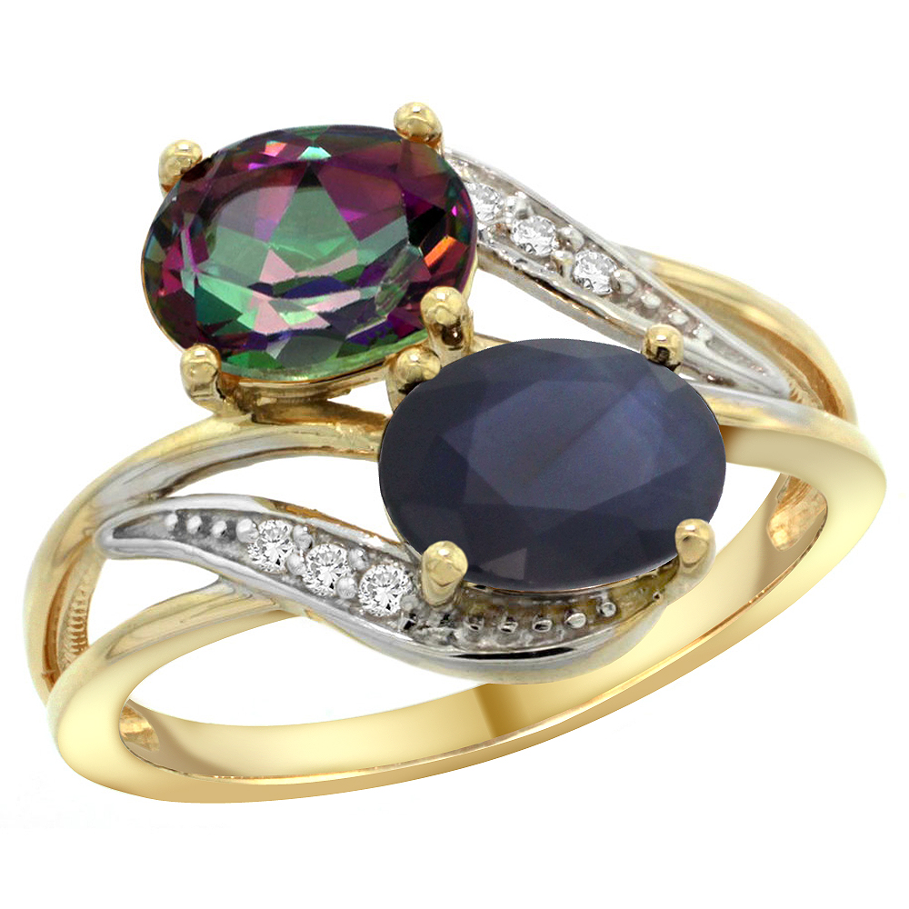 14K YELLOW GOLD DIAMOND NATURAL MYSTIC TOPAZ & AUSTRALIAN SAPPHIRE 2-STONE RING OVAL 8X6MM, SIZES 5 - 10