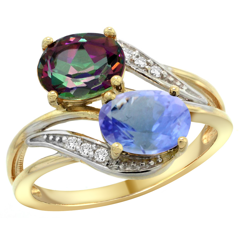 14K YELLOW GOLD DIAMOND NATURAL MYSTIC TOPAZ & TANZANITE 2-STONE RING OVAL 8X6MM, SIZES 5 - 10