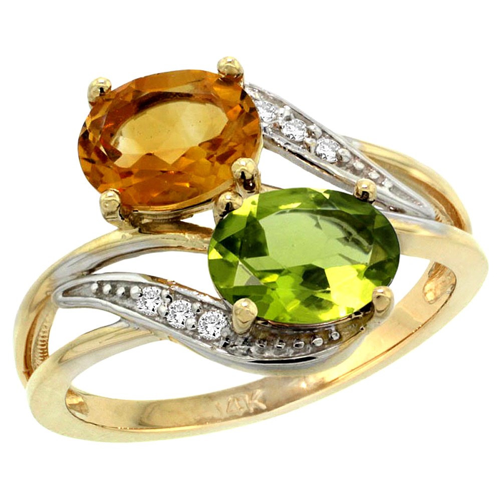 14K YELLOW GOLD DIAMOND NATURAL CITRINE & PERIDOT 2-STONE RING OVAL 8X6MM, SIZES 5 - 10