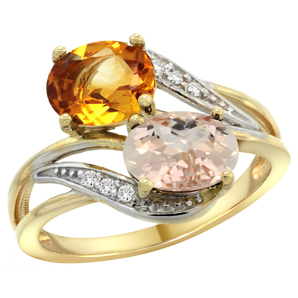 14K YELLOW GOLD DIAMOND NATURAL CITRINE & MORGANITE 2-STONE RING OVAL 8X6MM, SIZES 5 - 10